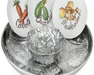 Lenox Vegetable Medley 10-Piece chip and dip set, metal tarnish-free chip and dip bowls, ceramic vegetable themed serving plates, NEW