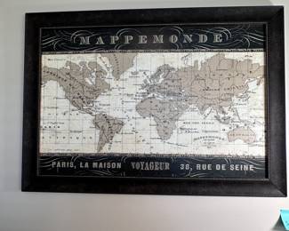 Mappemonde world map print on board, nicely framed 30"H x 42"W