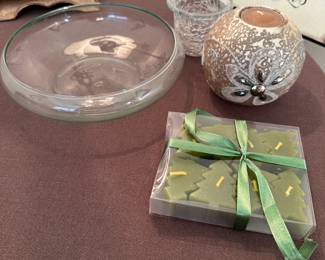 Grouping of candle bowl, votive holders and Christmas tree votives