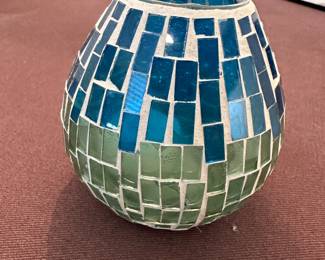 Blue and green mosaic glass votive holder