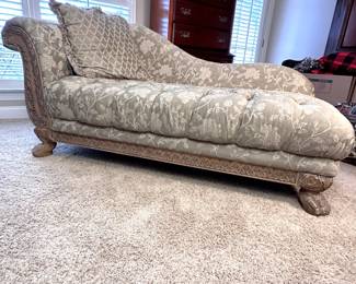Luxurious chaise lounge with acanthus border and paw feet, lightly distressed finish, very comfortable (& heavy) 35"H x 72"L x 32"W