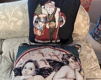 Christmas accent pillows with Santa and Angels, largest is 14"W