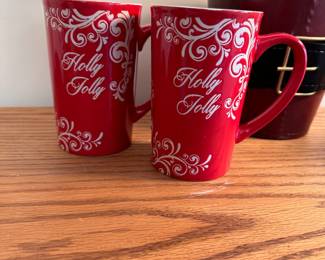 Pair of tall Holly Jolly hot cocoa mugs