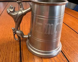 Lunt English Pewter monogrammed mug with clear bottom, lion handle 5"H