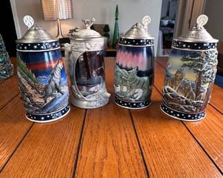 Group of 4 Lonston Crown wolf steins 8"H
