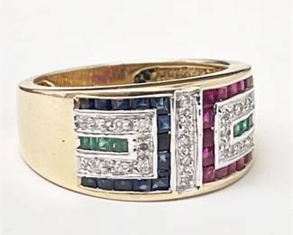 Lot 010  
Contemporary 14K, Ruby, Sapphire, Emerald and Diamond Statement Ring