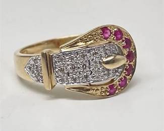 Lot 013  
Diamond and Ruby 14K Yellow Gold Buckle Ring