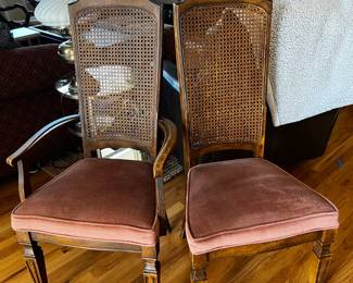 Wood/cane vintage chairs in a soft pink velvet fabric