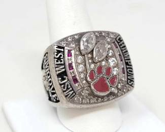 #906 • Sterling Silver Rhinestone & Ruby Football Champion Ring, 62g
