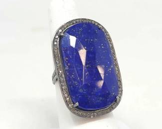#908 • Sterling Silver Diamond & Lapis Lazuli Stone Ring, 11g

