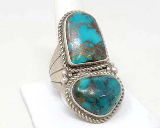 #486 • Native American Sterling Silver Double Turquoise Men's Ring, 23g
