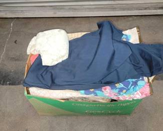 #2102 • Box of Fabric, Shoes, Bowl, Hair Brush & More
