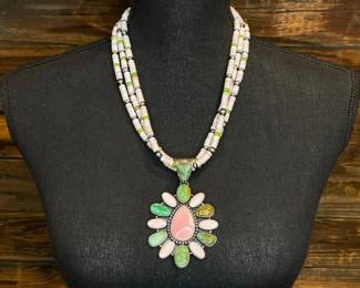 #450 • Native American Sterling Silver Pink Conch & Turquoise Squash Blossom, 170g
