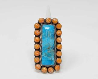 #456 • Native American Sterling Silver Turquoise & Spiney Oyster Statement Ring, 35g

