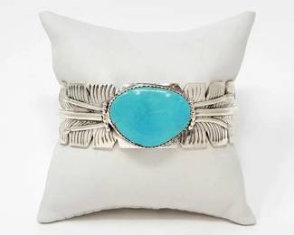 #472 • Native American Sterling Silver Turquoise Center Feather Cuff, 63g
