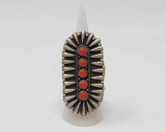 #468 • Native American Sterling Silver Tear Drop & 5 Coral Stone Ring, 18g
