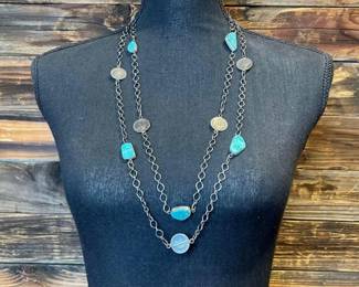 #430 • Navajo Wrap Around 62" Necklace Sonoran Turquoise Mercury Dimes Sterling Silver, 78g

