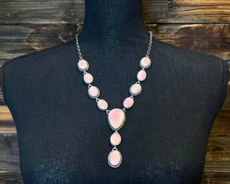 #432 • Native American Sterling Silver Pink Conch Lariat Necklace, 67g
