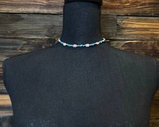 #436 • Navajo Strung Multi Stone & Sterling Silver 3 MM Pearl Necklace Turquoise, 9g
