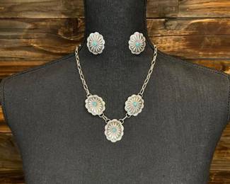 #438 • Native American Sterling Silver Concho Necklace & Earring Set, 23g
