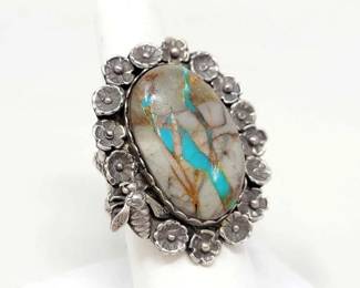 #420 • Native American Sterling Silver Flower Embroidered Turquoise Ring, 23g
