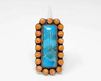 #456 • Native American Sterling Silver Turquoise & Spiney Oyster Statement Ring, 35g
