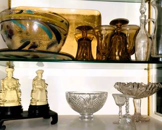 Decor and serving:  Pressed glass, gold stemware and tray. Oriental figurines