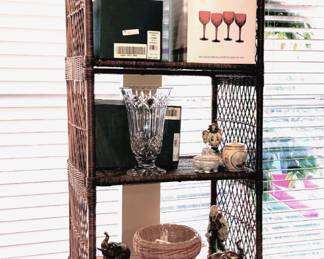 Wicker Etagere set holds brass figurines (ducks and elephants), Waterford Crystal and beer steins 