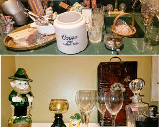 Bar: Coors canister, stemware, decanters, tools and more
