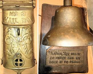 Antique brass mailbox and wood mounted bell