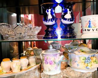 Antique floral hand-painted porcelain China and Crystal, Cobalt Mary Gregory Glass, American Brilliant Crystal