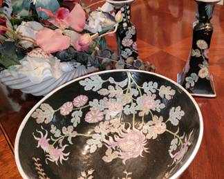 Painted Ceramics: large bowl and candle sticks