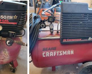 Compressors: 2 HP, 4 gallon 150 psi and 5HP 30 gallon. Many hoses and accessories and tools