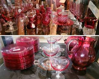 Antique cranberry glass: stemware, pitcher, plates and serving