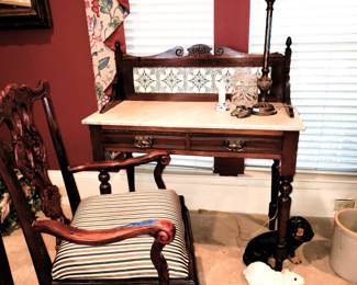 Antique marble top washstand / commode. Chippendale style chair. Dachshund and bunny decor 