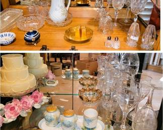 Antique stemware, cake plate with candle, floral serving