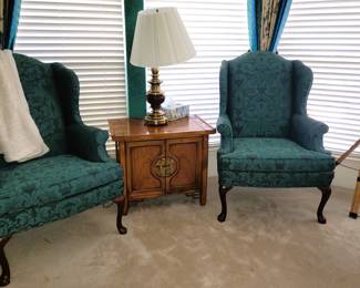 Wingback chairs, telescope, brass lamp and lovely wood side table