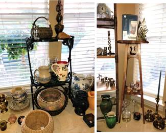 Antique wood pedestal, brass butterflies and candlesticks, handcrafted baskets, and decor