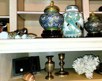 Brass candlesticks, cloisonne jars with foo dog topper, carved ducks 