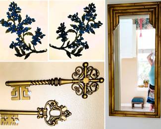 retro decor: iron floral, bamboo frame mirror, large wall Keys
