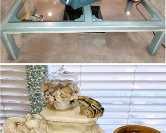 Elephant decor: wicker, brass and stone. Retro coffee table