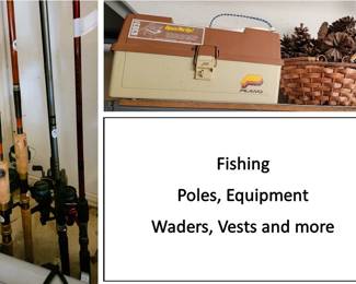 Fishing gear: poles, minnow buckets, vests, cases