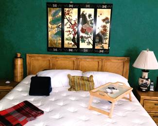 Oriental screen panel, bamboo-look retro furniture: king headboard, dresser with mirror and side table set