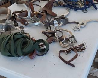 Spurs, inc crocker alum. Bits and misc.. more tack not inc in pictures. Show cloths, chaps, outback like new oil duster.