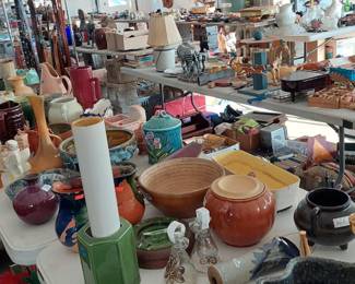 Pottery, glass, planters.