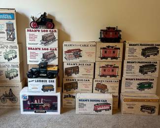 A whole collection of Jim Beam train decanters