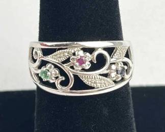 925 Silver Ruby, Sapphire, Emerald Flower Ring