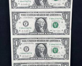 Uncut Sheet of (4) US $1 Bills, 2009