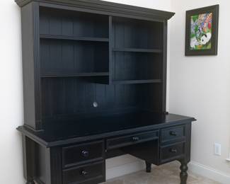 Ballard Designs Home Office Ensemble 3 Drawer Desk with Hutch. 2 pieces. File cabinet on right side. 2 drawers on left side. 64” wide x 30” tall x 28 desk depth x 73 3/4” overall height x 11-14 depth top piece.