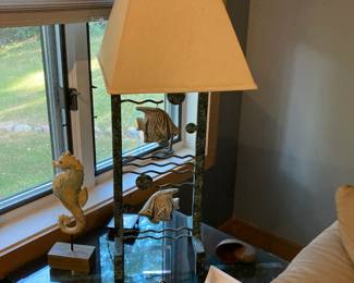 Glass/metal side table with matching lamp